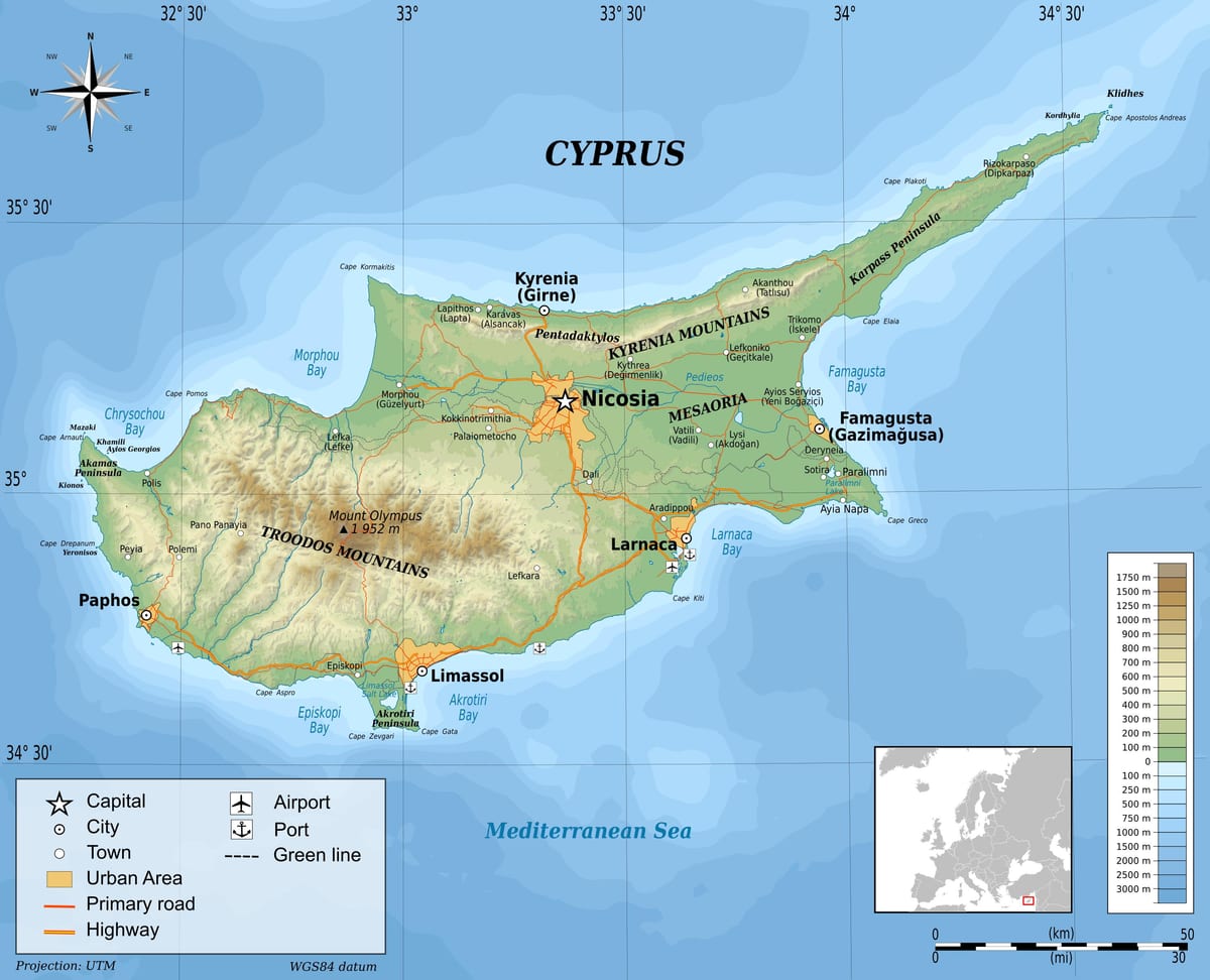 Mapa na Kipru fizički